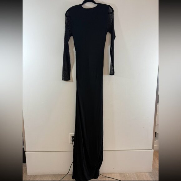 HALSTON HERITAGE Black Sheer Sleeve Ruch Wrap Elegant Gala Evening Maxi Dress - Picture 5 of 11